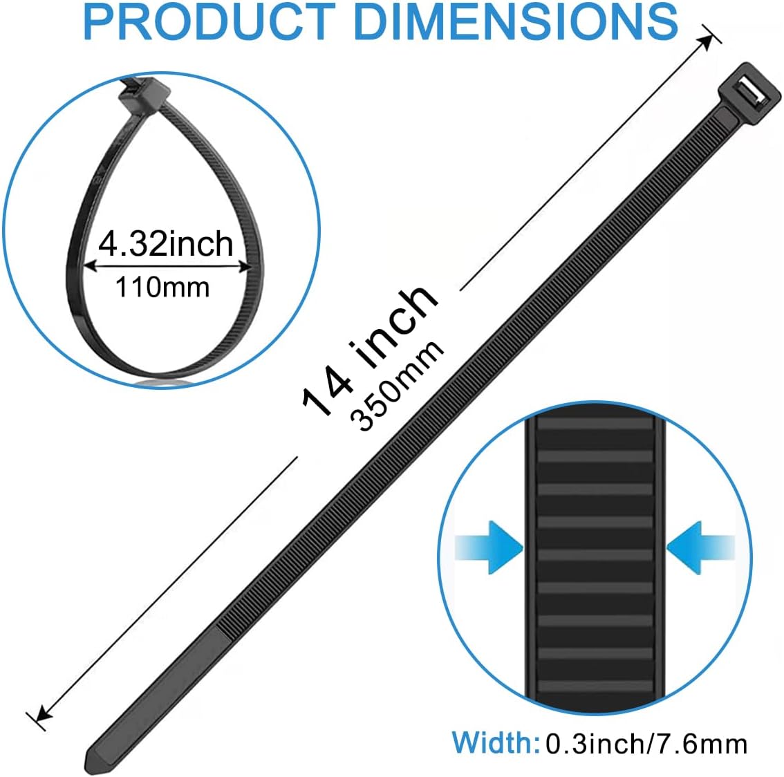 0.3 x 14 inch Cable Zip Ties Heavy Duty 20pcs, 110 Pounds Tensile Strength, UV and Temperature Resistant, Multi Purpose Self Locking Cable Cord Management, for Indoor Outdoor Black