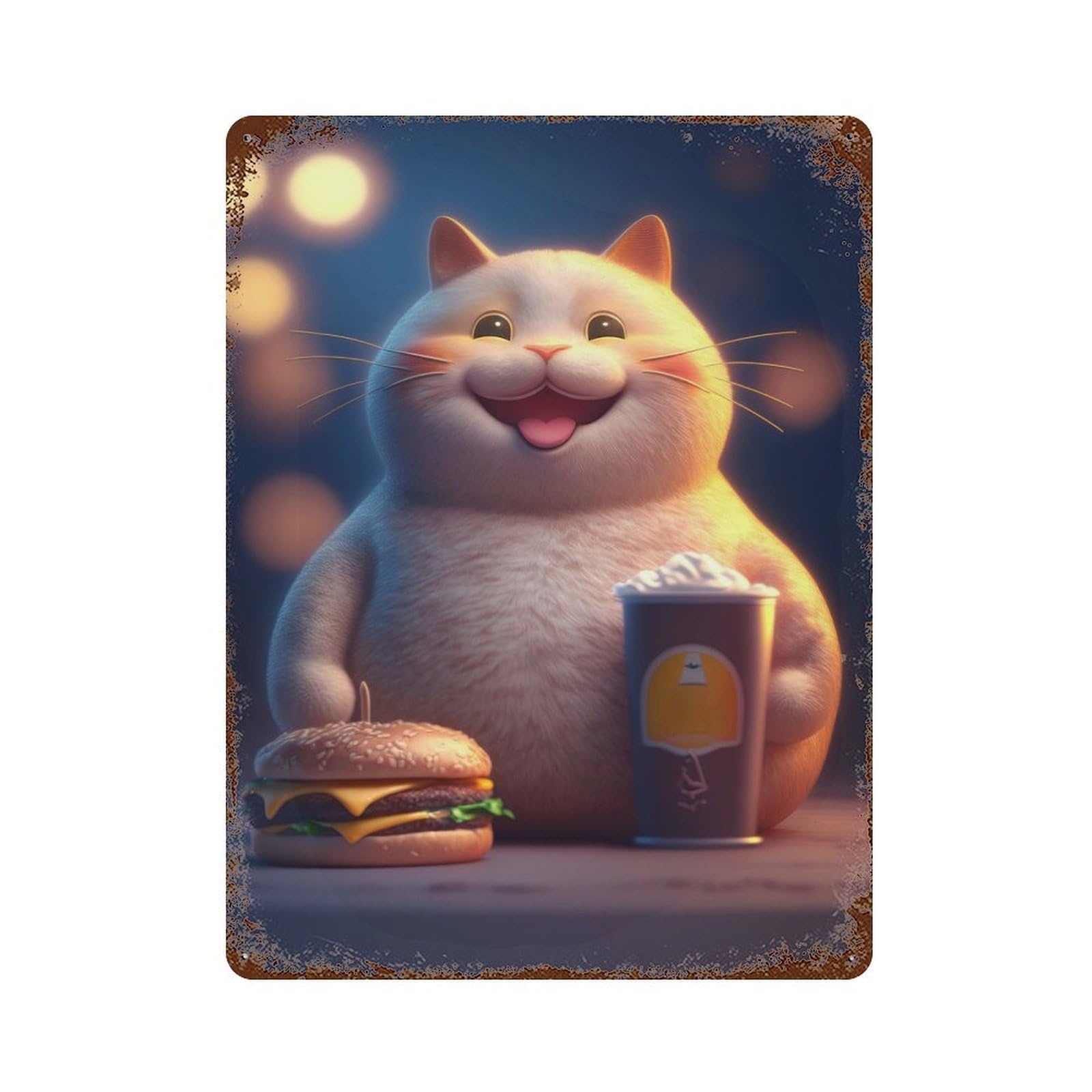 Maneki Neko Burger Cat Decorative Tin Sign 15.7"x11.8", Industrial Home Decor for Garage, Pub Or Kitchen