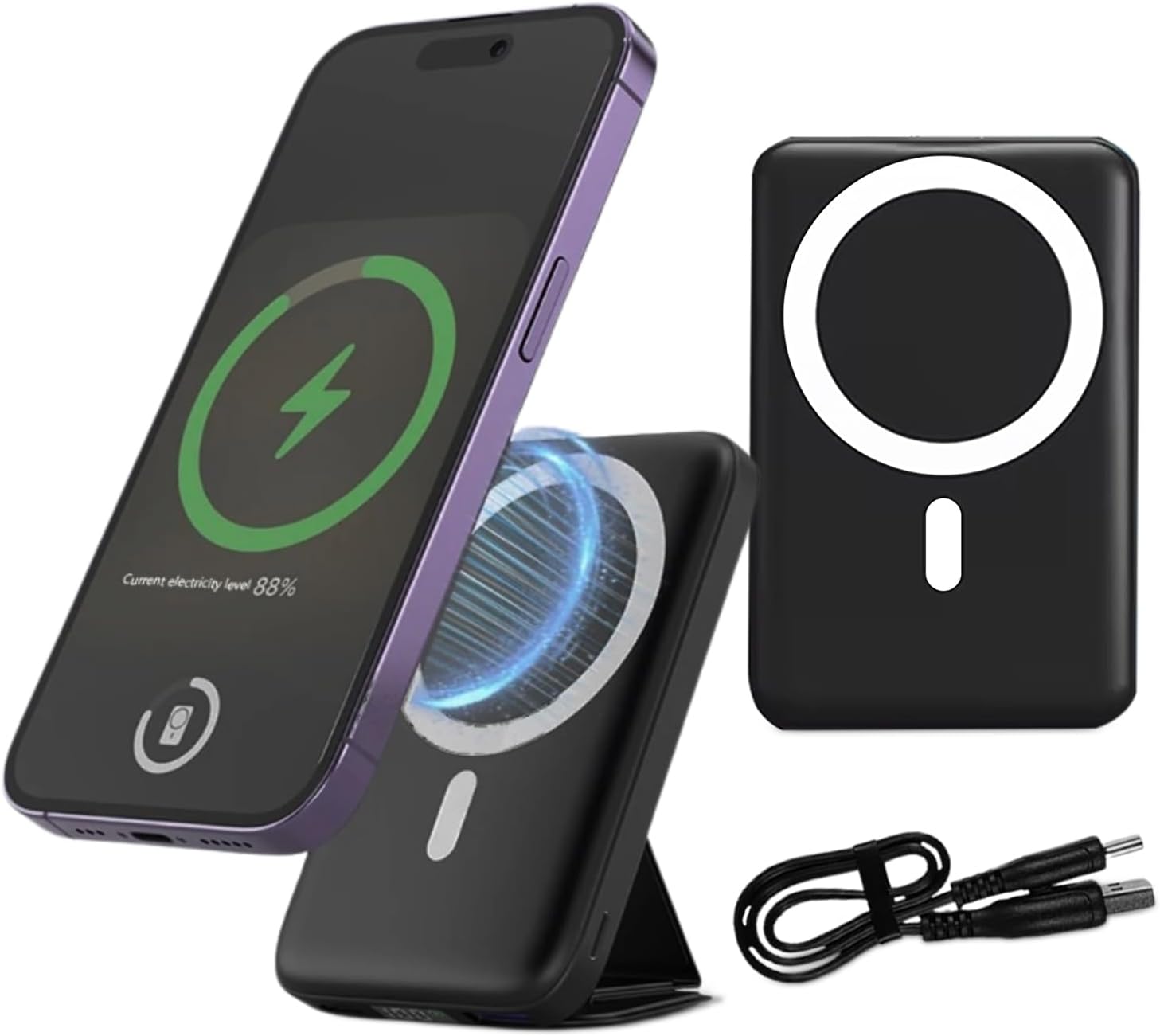 LG FIT 10000mAh Slim Magnetic Wireless Power Bank Fast Charger with Foldable Stand and LED Display, Portable Battery with Fast Charging USB-C for Iphone 12/13/14/15/Plus/Mini/Pro/Pro Max-Black