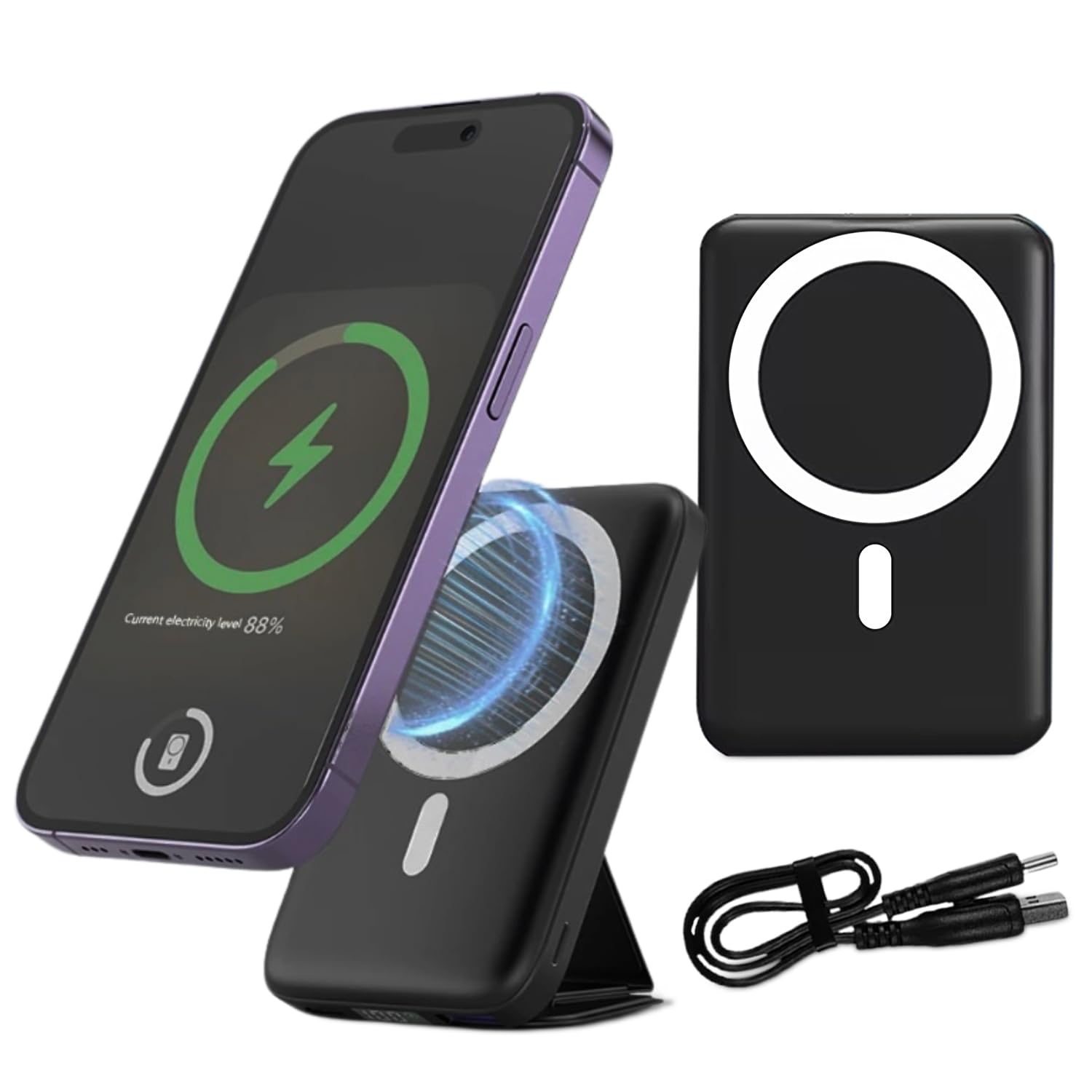 LG FIT 10000mAh Slim Magnetic Wireless Power Bank Fast Charger with Foldable Stand and LED Display, Portable Battery with Fast Charging USB-C for Iphone 12/13/14/15/Plus/Mini/Pro/Pro Max-Black