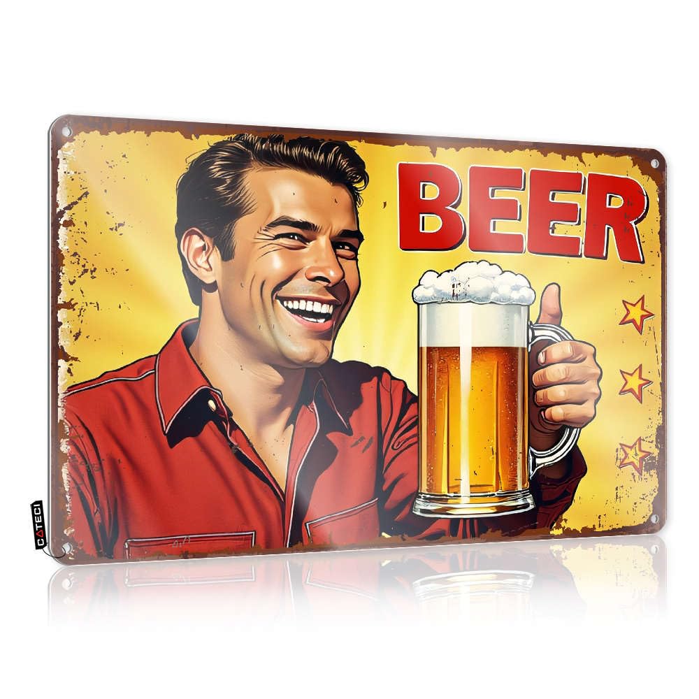 Decaor Cool Cool Wall Decor - A Man In A Red Shirt Holds Up A Glass Of Beer With A Big Smile On His Face. Rustic Wall Art Housewarming Easy Hang For Mancave(30X40CM)