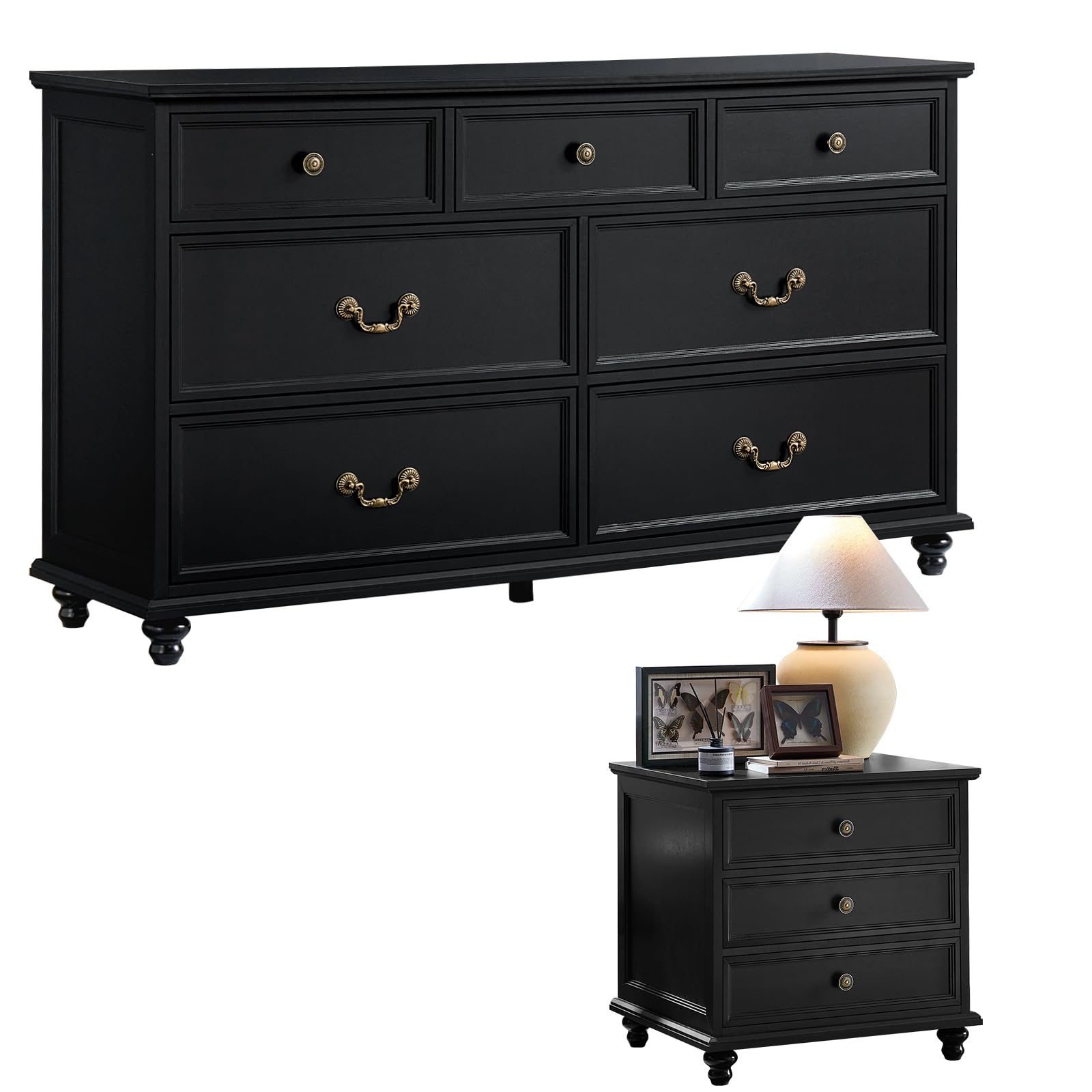 Joaxswe Farmhouse Dresser and Nightstand Sets, Wooden 7 Drawers Dresser & 24" Night Stand with 3 Drawers, 2 Piece Bedroom Furniture Set, Chest of