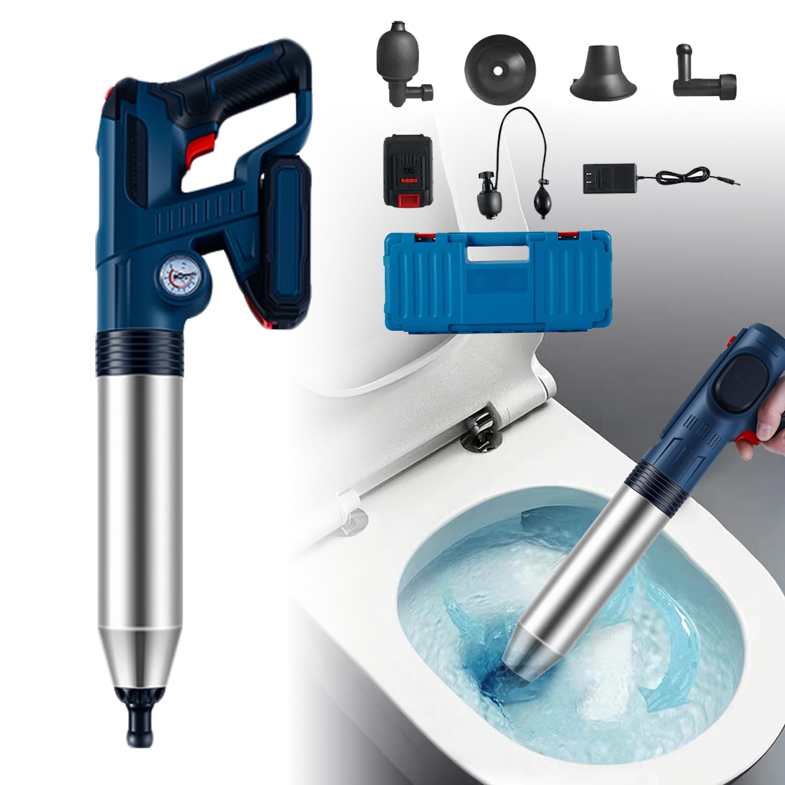 QIeCny Toilet Unblocker, Toilet Plunger Heavy Duty, Visual Barometer(10 Bar), Splash-proof + Saves Time/Effort, Charged Used 30 Times, for Bathroom, Floor Drain, Pipes,Blue