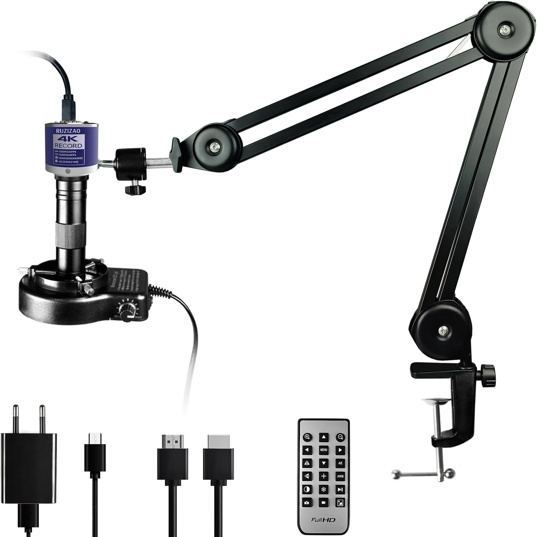 Digital Microscope, 48MP 4K 1080P HDMI Type-C/USB Industrial Video Digital Microscope Camera, 150X Zoom C-Mount Lens, Foldable Stand, LED Ring Light, Soldering Microscope for Electronics