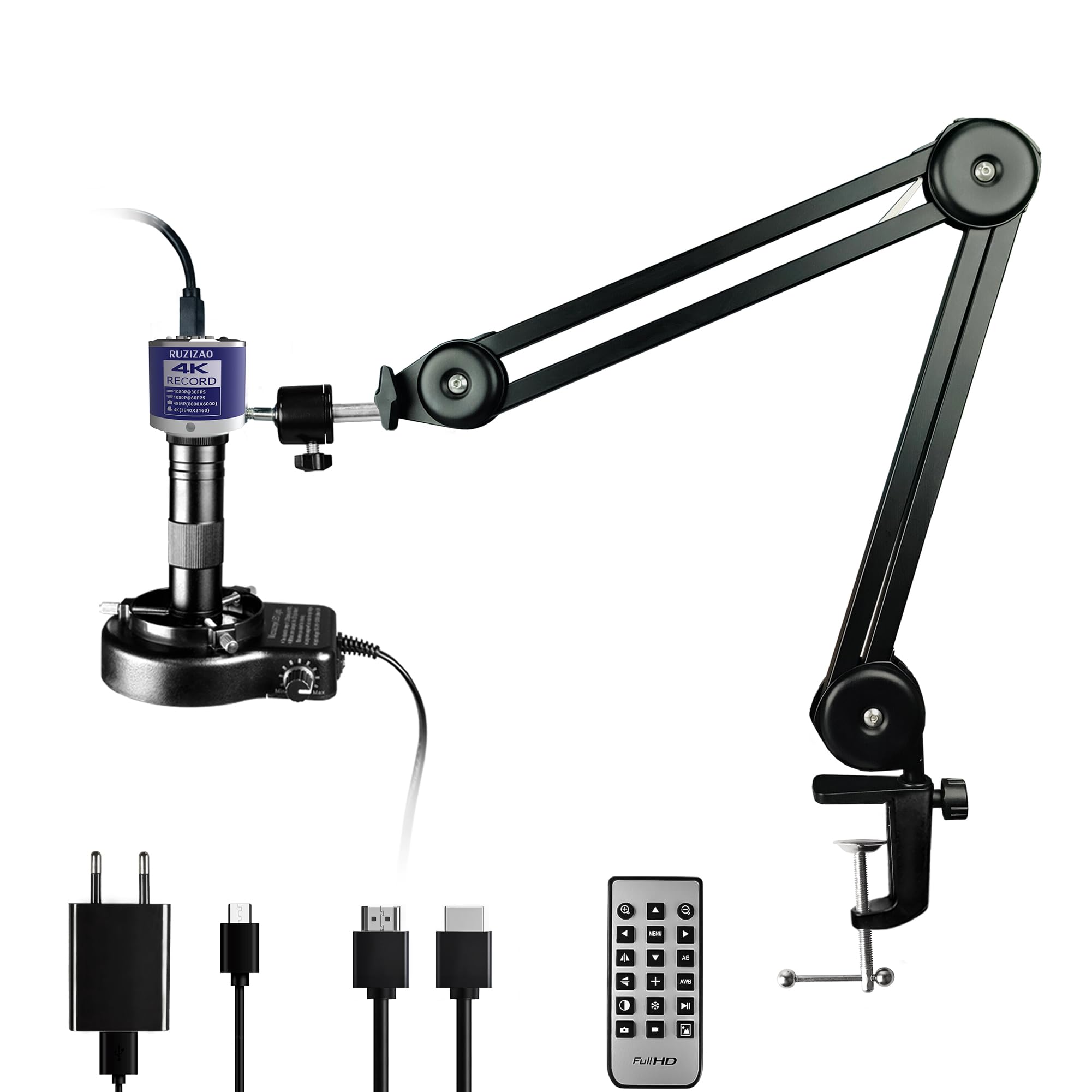 Microscope Numérique 4K 48MP HDMI VGA Industriel Objectif Monture C Zoom 150X Support Pliable Éclairage Annulaire LED