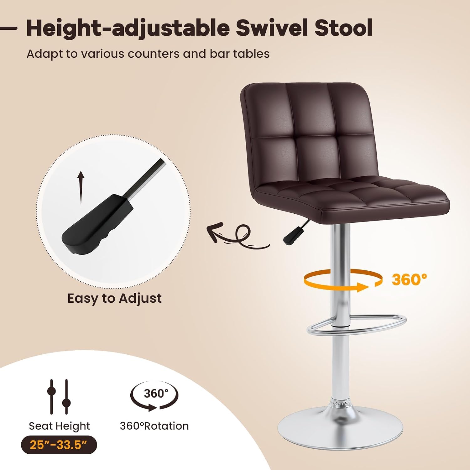 ERGOMASTER 3-Piece Bar Table Set, 24" Round Pub Table & Adjustable Swivel Stools for Kitchen or Studio Apartment (Lattice Back, Brown)