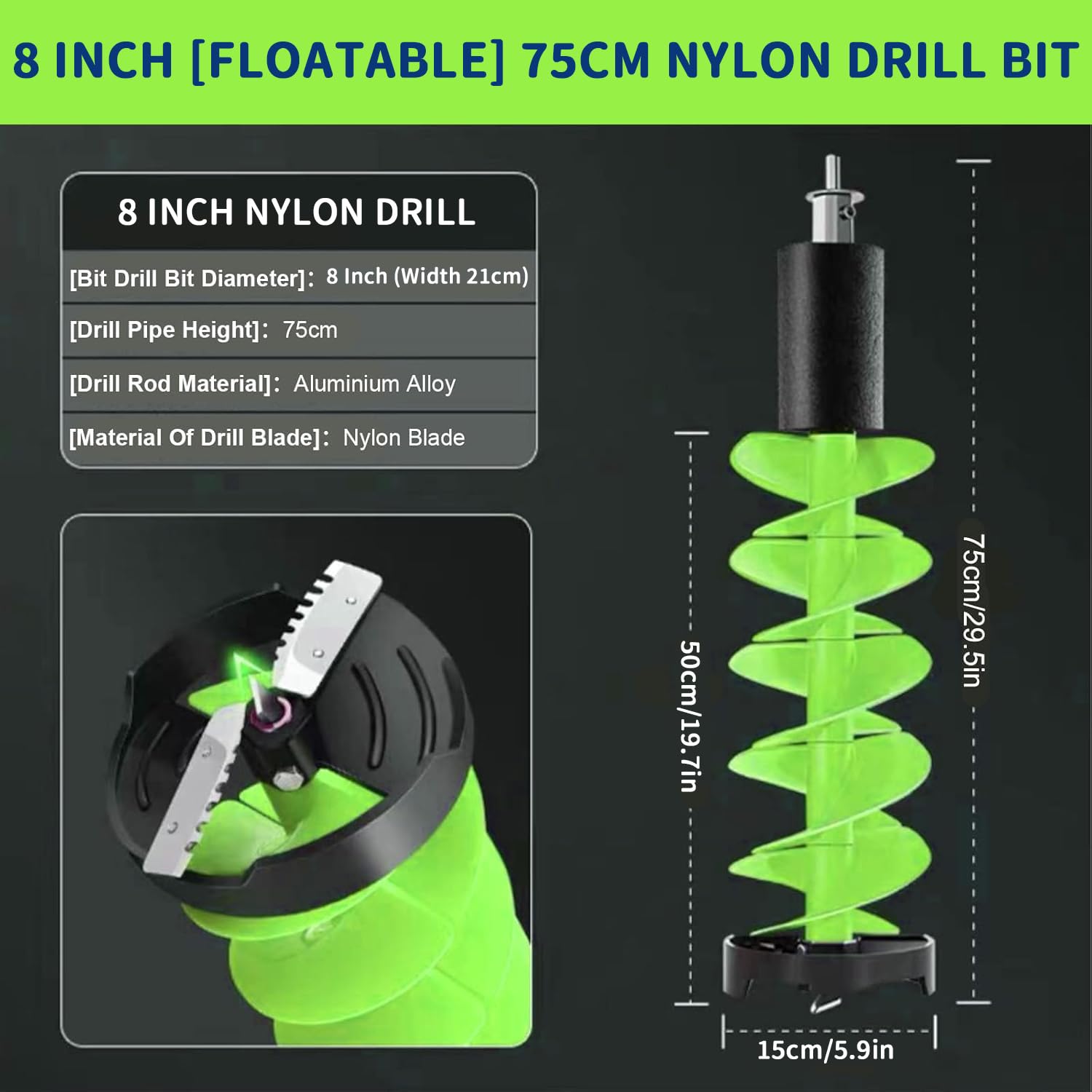 Eisbohrer zum Eisangeln – 8 Zoll Nylon-Eisbohrer mit Elektrischer Corless, Positionierungs- & Handbohrer, Bohrstangenhöhe 75cm für Eisgraben