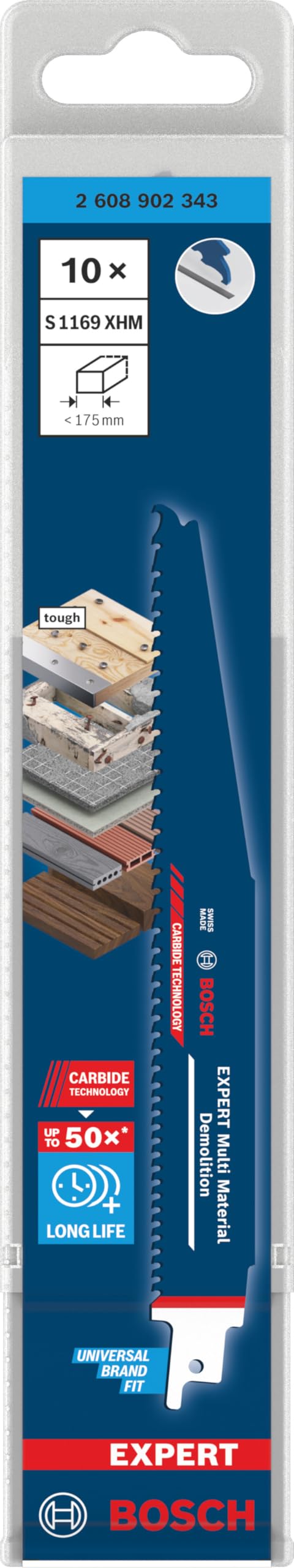 Bosch 10x Hoja EXPERT Multi Material Demolition S1169XHM (para Madera con metal, Madera de construcción con mortero y clavos, Longitud 225 mm, Professional Accesorios Sierra sable)