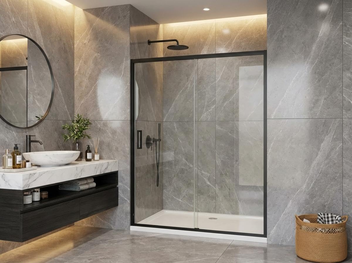 Semi-Frameless Shower Door, 56-60 Inches Wide x 72 Inches High, Aluminum Frame with 6mm (1/4 Inch) Tempered Glass, Matte Black Finish, Reversible Installation for Standard Shower Opening