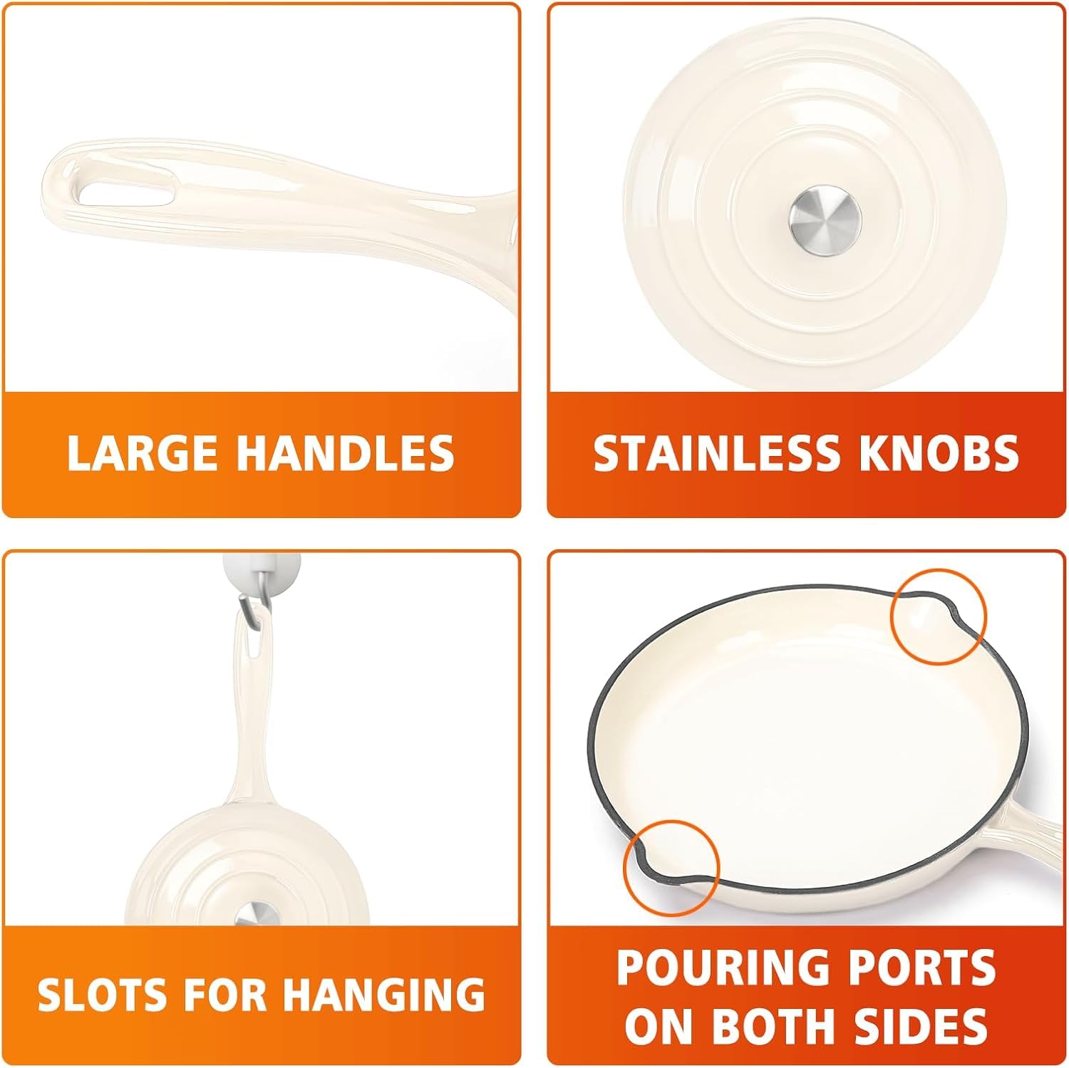 Denmay Batterie de cuisine en fonte émaillée – Set de 7 pièces avec four hollandais, poêle à frire, casserole à sauce avec 3 couvercles, kit de four hollandais pour tous les types de feux, blanc crème