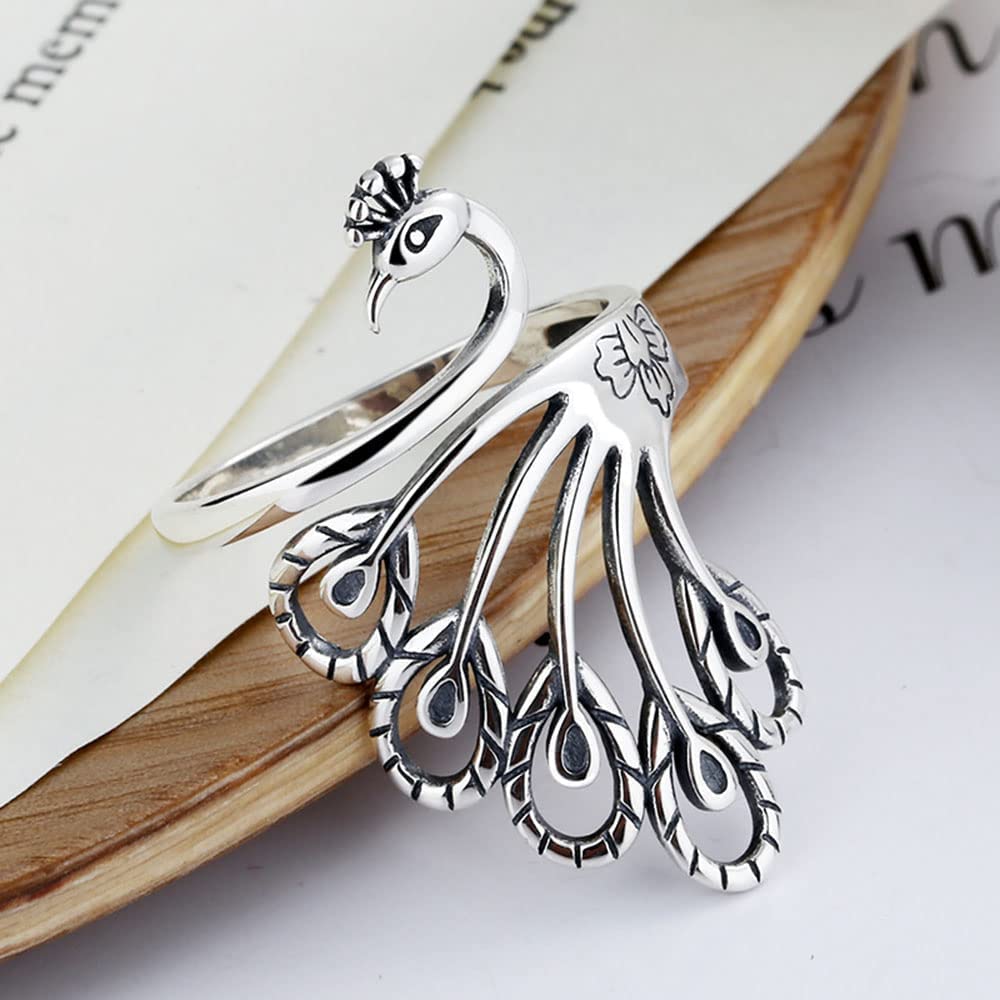 Anillo, Creative Retro Living Peacock S925 Anillo de Plata de Ley de Cara Ancha Estilo étnico Femenino Thai Silver Phoenix Old Ring Ring