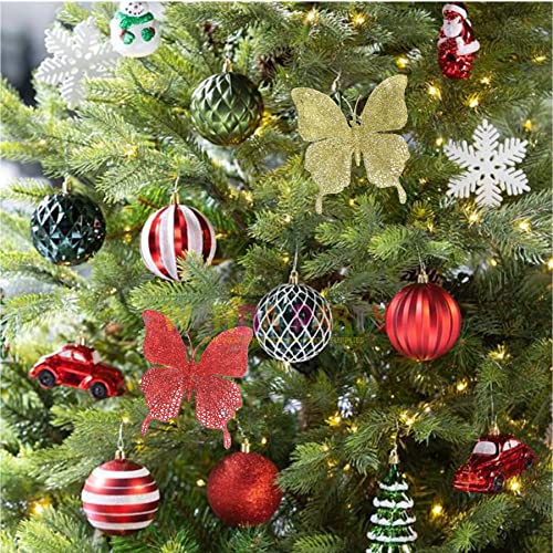 Image of Wanna Party Large Butterfly Christmas Hanging Ornaments (Pack of 2) | Red & Gold Glitter Xmas Decor (15x17cm) | Shatterproof Charms for Tree, Wreaths & Gift Wrapping