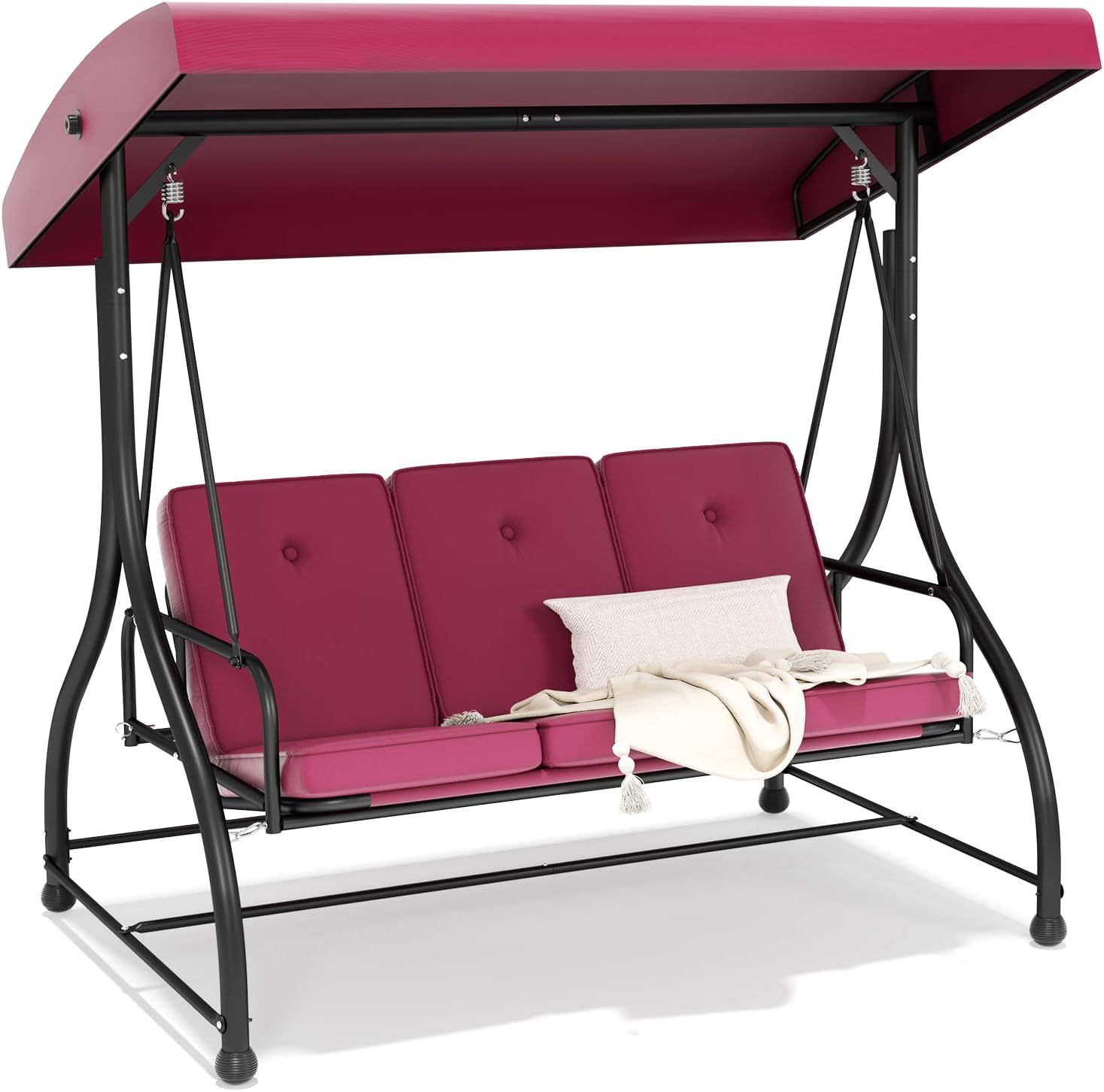 3-Seat Outdoor Patio Swing Chair with Adjustable Canopy Removable Cushion - Heavy Duty Porch Swing Glider for Outdoor Patio, Backyard, Garden, Poolside, Balcony - Burgundy Red