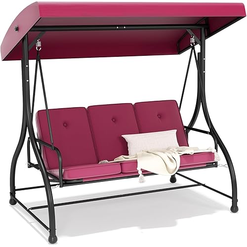 3-Seat Outdoor Patio Swing Chair with Adjustable Canopy Removable Cushion - Heavy Duty Swing Chair for Outdoor Patio, Backyard, Garden, Poolside, Balcony, Burgundy