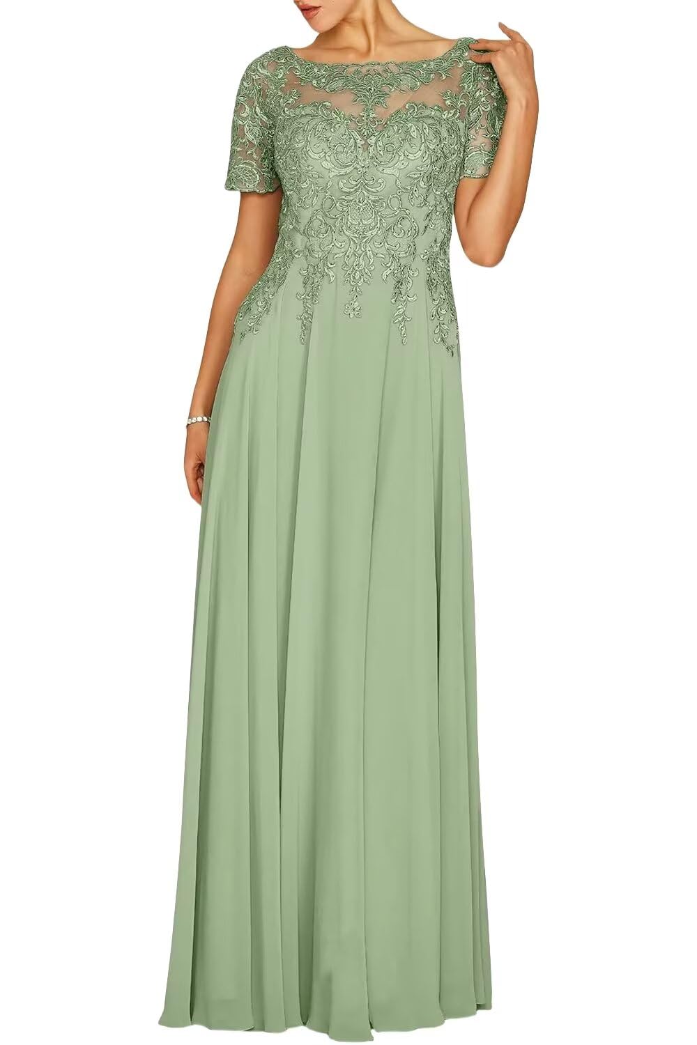 Absyore Formal Mother of The Bride Dress Long Chiffon Lace Applique Short Sleeve Sage Mother of The Groom Dresses for Women Size 10