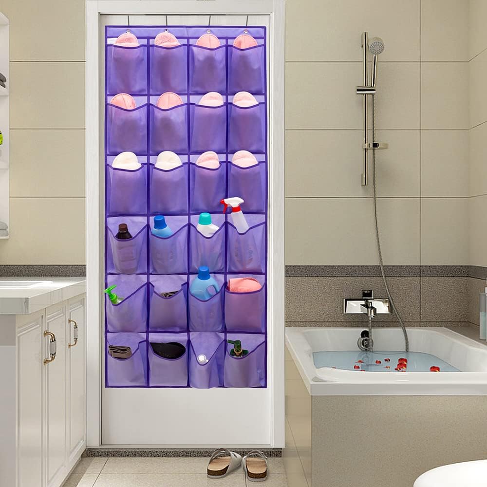 Over The Door Hanging Shoe Organizer Shoe Rack Hanger 24 Large Fabric Pockets Holder with 4 Sturdy Hooks (PURPLE)