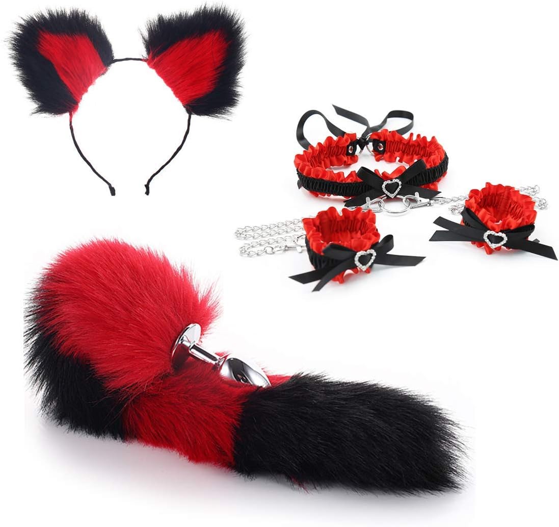 Red Black Role Play B-ü-t-t P-l-ǔ-g Stainless Steel Tail + Bowknot Collar Wristband + Plush Ears Headband(S) (a)