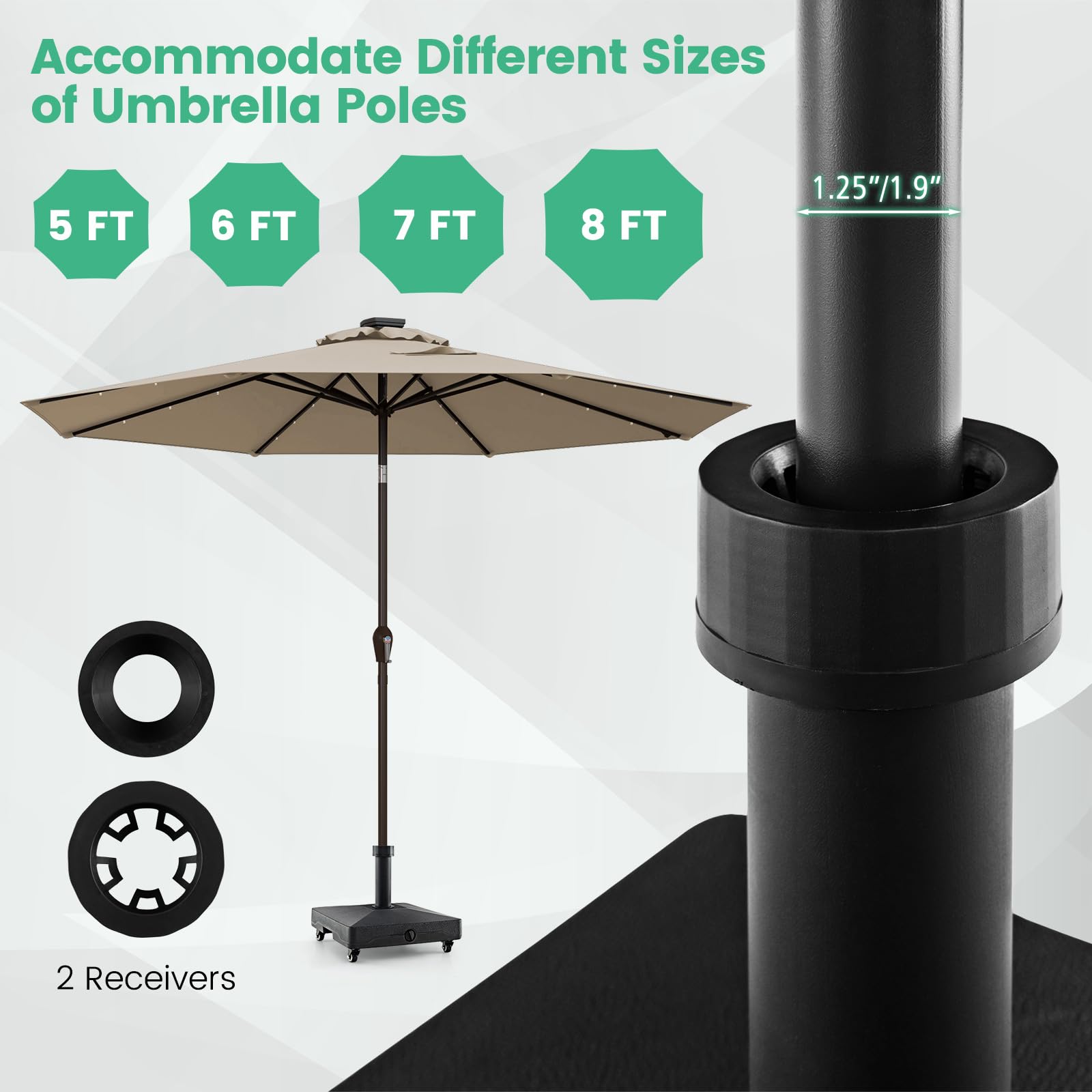2.5 patio umbrella stand Amazon.com : Tangkula Patio Umbrella Base, Heavy-Duty 54 lbs Market Stand  w/4 Universal Wheels, 2 Receivers, Square Pole Stand for Outdoor, Fillable  Mobile Umbrella Base for Deck, Poolside, Lawn, Black : Patio,