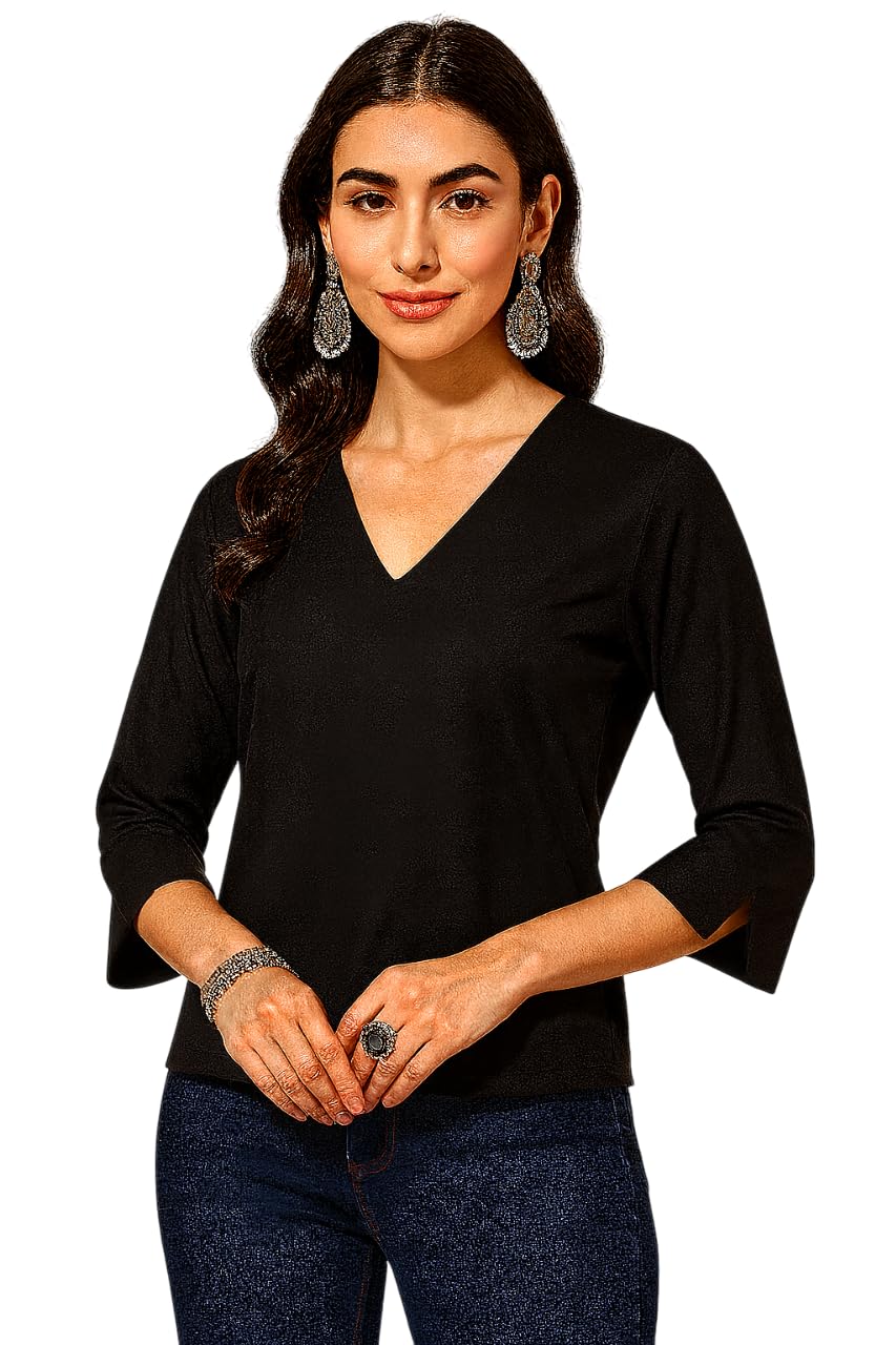 Rayon Solid Tops, V Neck Top with 3/4 Cuffed Elasticated Sleeves, Stylish Casual Design for Girls/Ladies, Daily, Comfortable for Office, College & Regular Use-picture-46