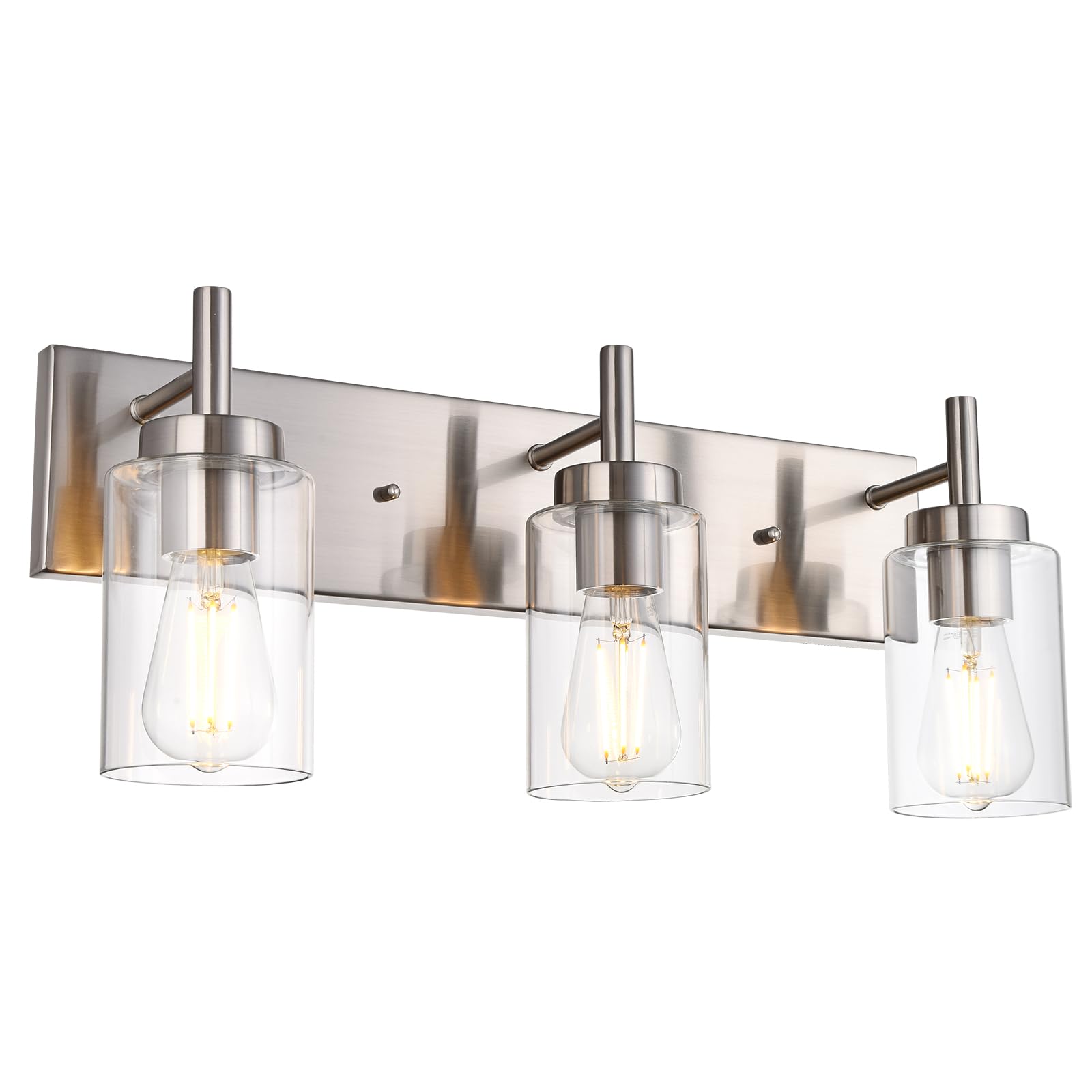 VINLUZ Vanity Bathroom Light Fixture Brushed Nickel 3 Lights Modern Wall Sconce Lighting with Clear Glass Shade Vintage Rustic Porch Wall Lamp Bedroom(Patent No.: US D958,438 S)