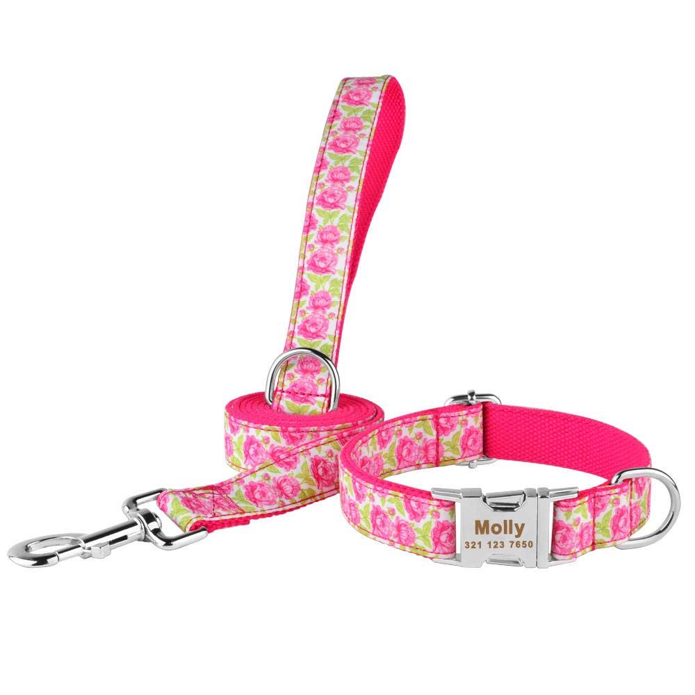 Chien Laisse Réglable en Nylon Cool Collier De Chien Personnalisé Sculpté Nom Téléphone Bleu Pitbull Personnalisé Colliers De Chien Accessoires De Chien Tag-Rosey_Set_M