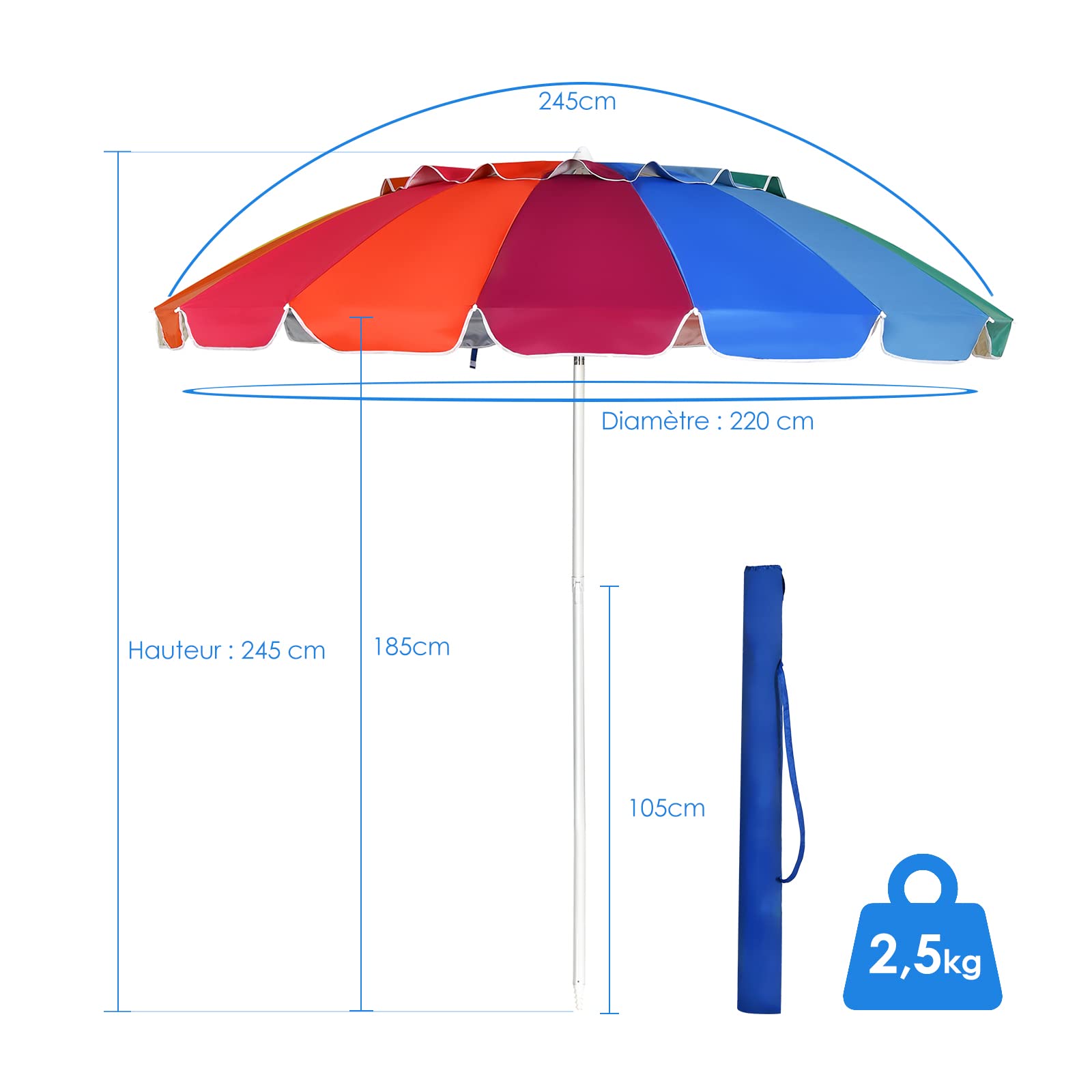 RELAX4LIFE Parasol de Plage Inclinable Ø245 cm (Multicolore)