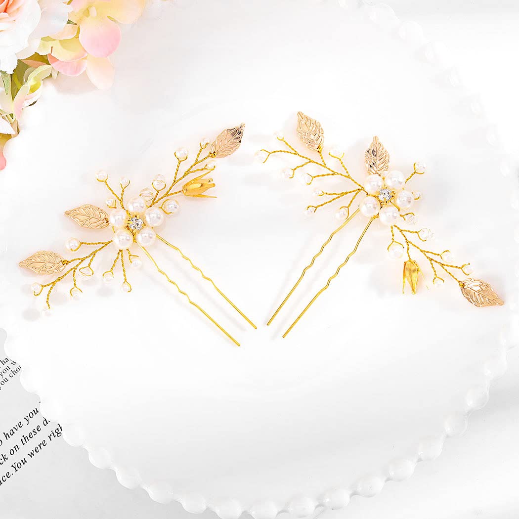 IYOU Pearl Wedding Hair Pins Flower Gold Headpiece Leaf Bridal Bridesmaids for Women Girl Communion Prom(Pack of 2)