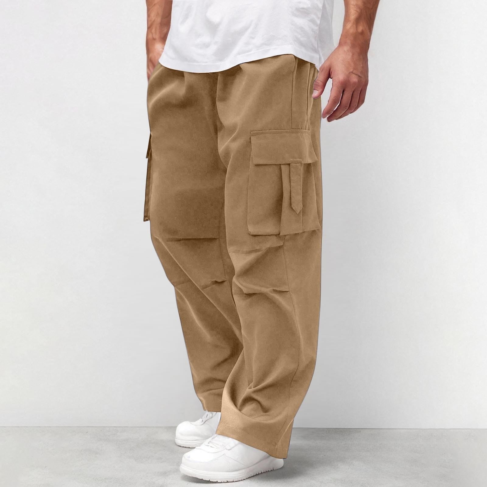 Work Cargo Pants for Men Relaxed Fit Elastic Waist Hiking Pants Outdoor Active Wide Leg Trousers with Multiple Pockets Lightweight Comfy Breathable Athletic Pant Pantalones Tácticos Para Hombre Yellow