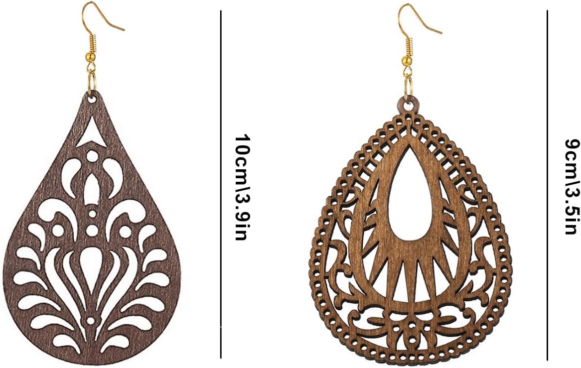 Wood Teardrop Earrings 2 Pairs Natural Wooden Dangle Earrings Gifts for Women Girls - Image 6