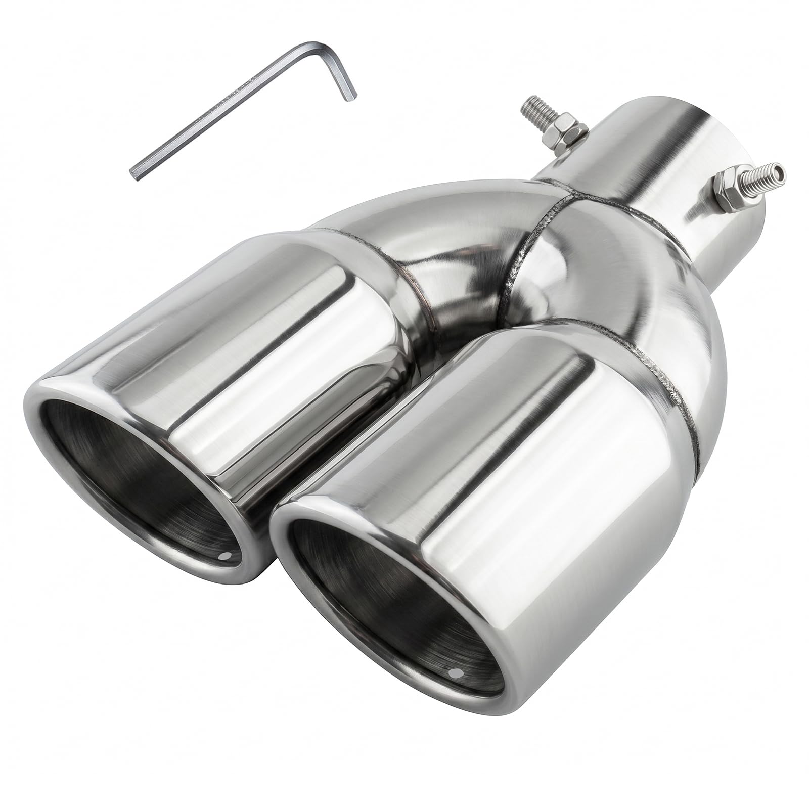 Catekro 38-54mm Cola de Escape Coche, Acero Inoxidable Doble Salida Embellecedor para Tubo de Escape Punta de Exterior Universal Ajustable con Tornillo para Diésel&Gasolina Coche (Plateado Brillante)