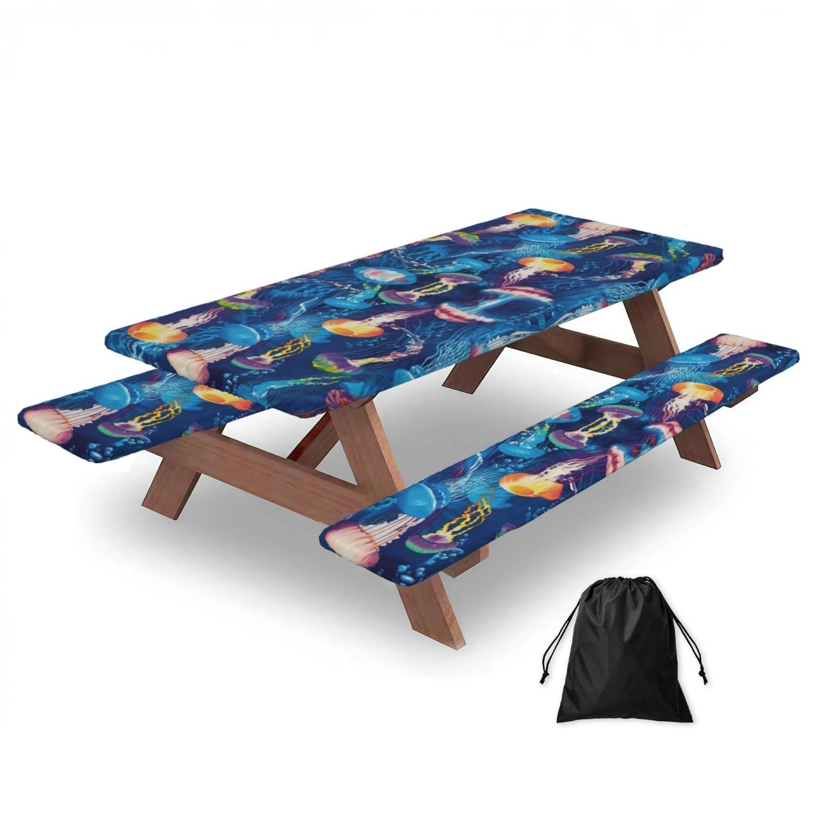 Zyjhyy Black Colored Jellyfish Print Party Table Covers With Bench Covers Set Of 3 Picnic Table Cloth Wipe Clean For Garden Camping