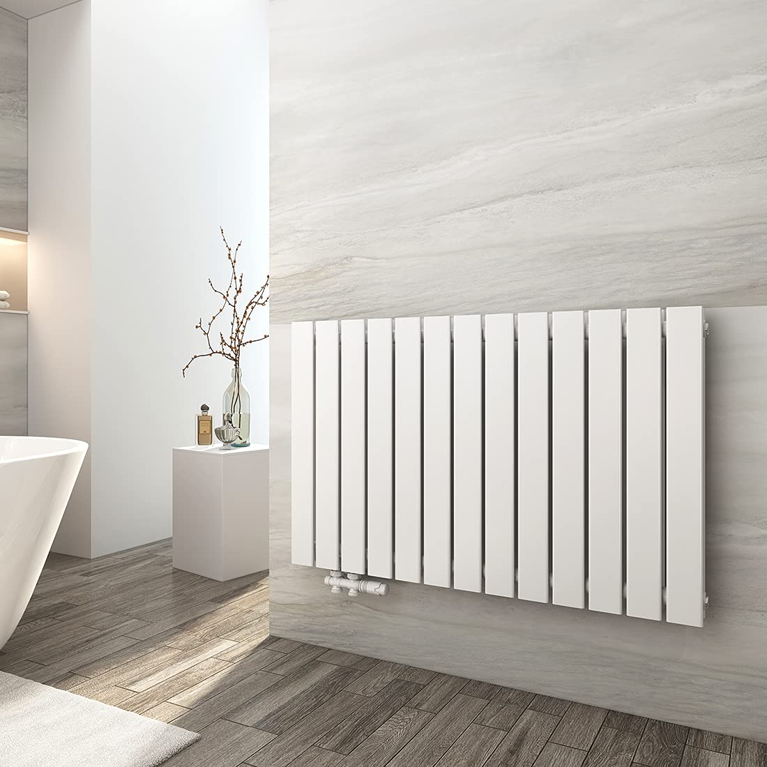 EMKE Design Heizkörper Flach, 630x1006 mm Horizontal Flachheizkörper mit Seitenanschluss, Doppellagig Weiß Paneelheizkörper Wandheizkörper für Bad, Schlafzimmer & Wohnzimmer, 1308W