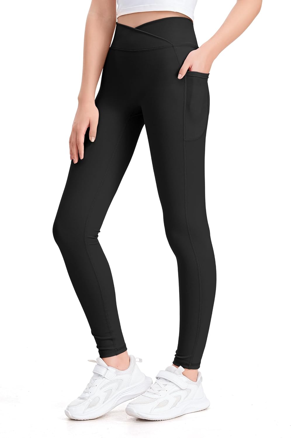 KEREDA Girls Athletic Leggings V Cross Yoga Pants Teen Girls with Pocket for Workout,Gym,Running,Dance