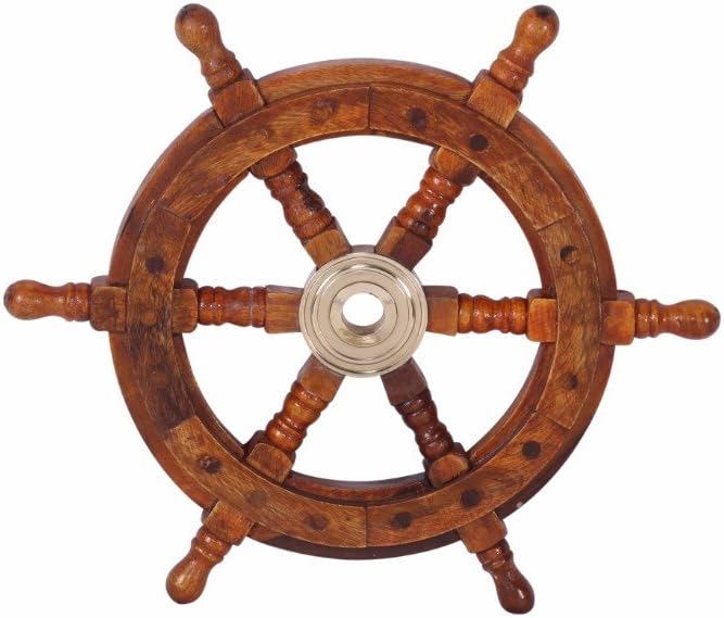 TUP THE URBAN PORT 12" Teak Wood Ship Wheel with Brass Inset and Six Spokes, Brown and Gold