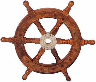 TUP THE URBAN PORT 12" Teak Wood Ship Wheel with Brass Inset and Six Spokes, Brown and Gold