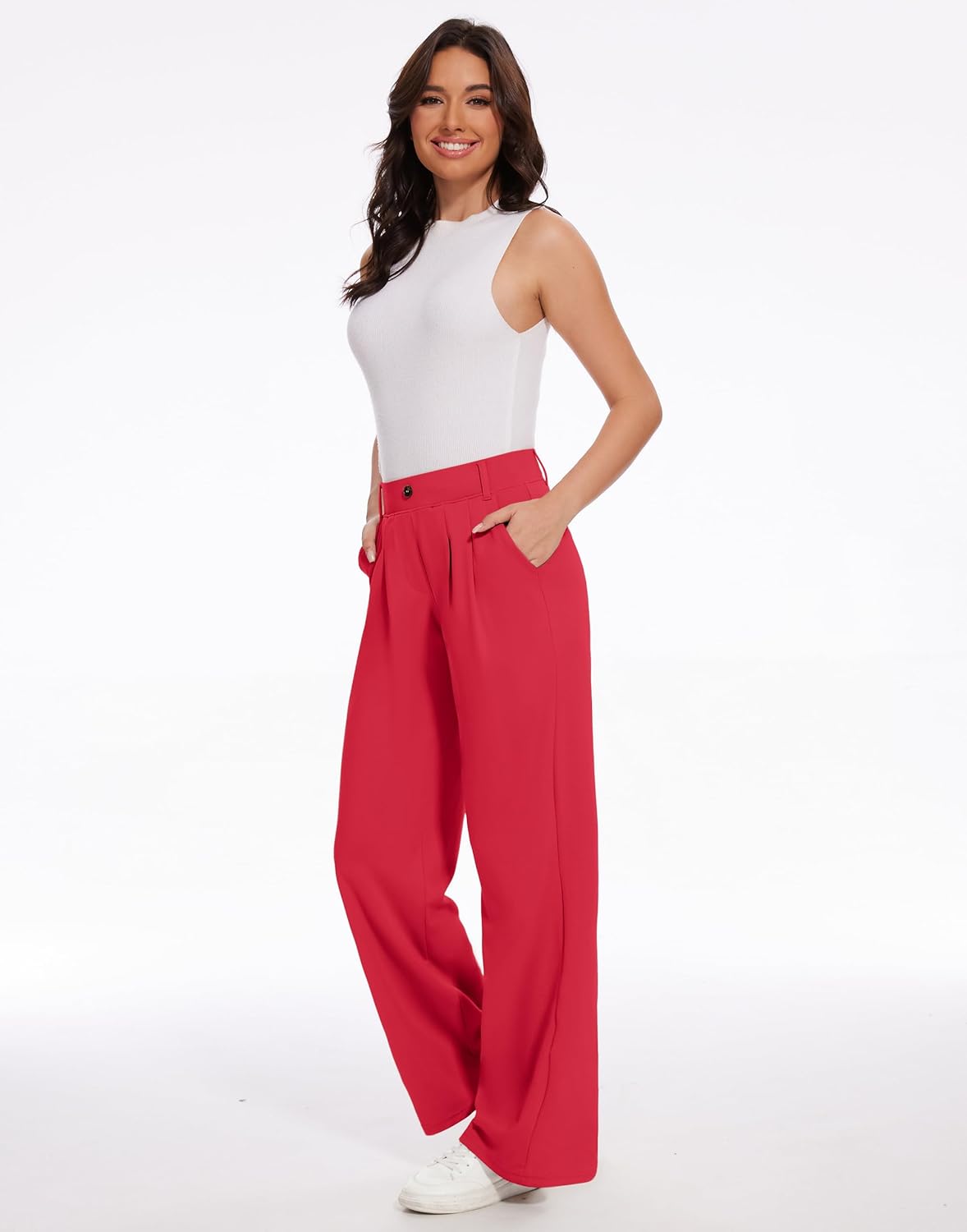 M MOTEEPI Women's Red Dress Pants Wide Leg - Stretchy High Waisted Work Pants Business Casual Office Trousers with Pockets 31" X-Large - Image 7