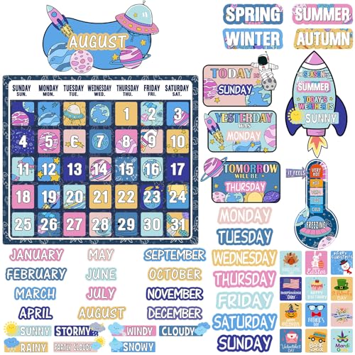 Cholemy 85 Pcs Calendar Bulletin Board Set Classroom Decor, Cartoon Space