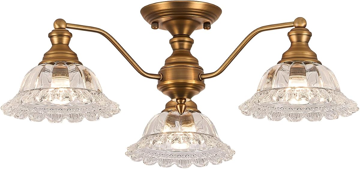 Lámpara de techo de montaje empotrado vintage, lámpara de techo de cristal de latón con 3 luces para dormitorio, sala de estar y pasillo