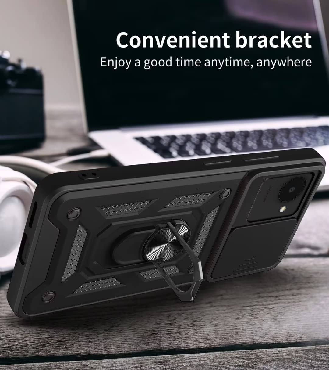COMAKU Cover Armor Per Realme C30 4G - Custodia TPU+PC Antiurto Con Slot Porta Carte, Anello Supporto E Copri Lente Scorrevole - Verde - 2