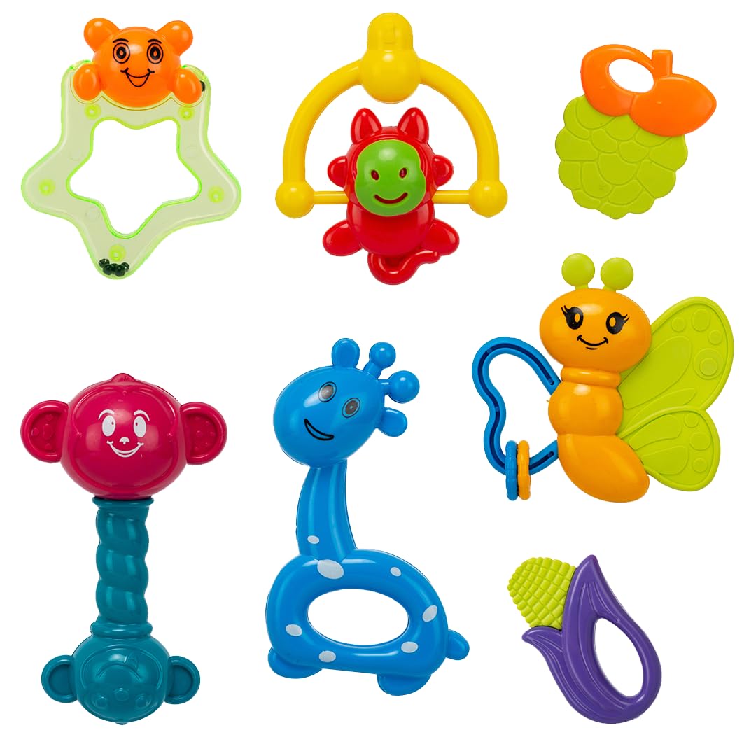 7 Pcs Baby Rattle & Teether Set | Non-Toxic, Safe Toy Gift Pack for Newborn & Infants 0-12 Months | Soft Sound with Fun Colors | Perfect