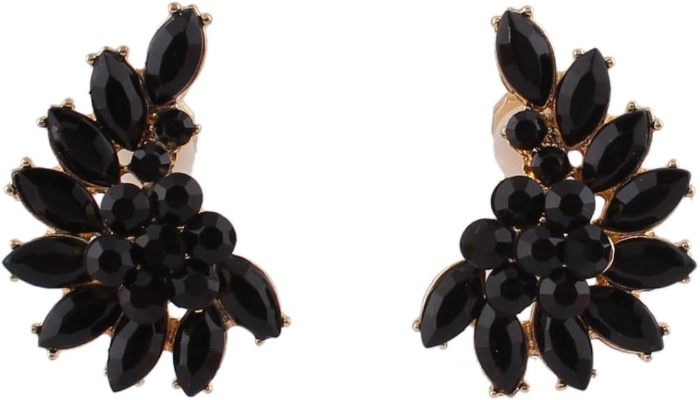 Luxury Fashion Gold Color Crystal Clip on Earrings Without Piecing for Women Party Wedding Anti-Allergy Earrirngs (Black)