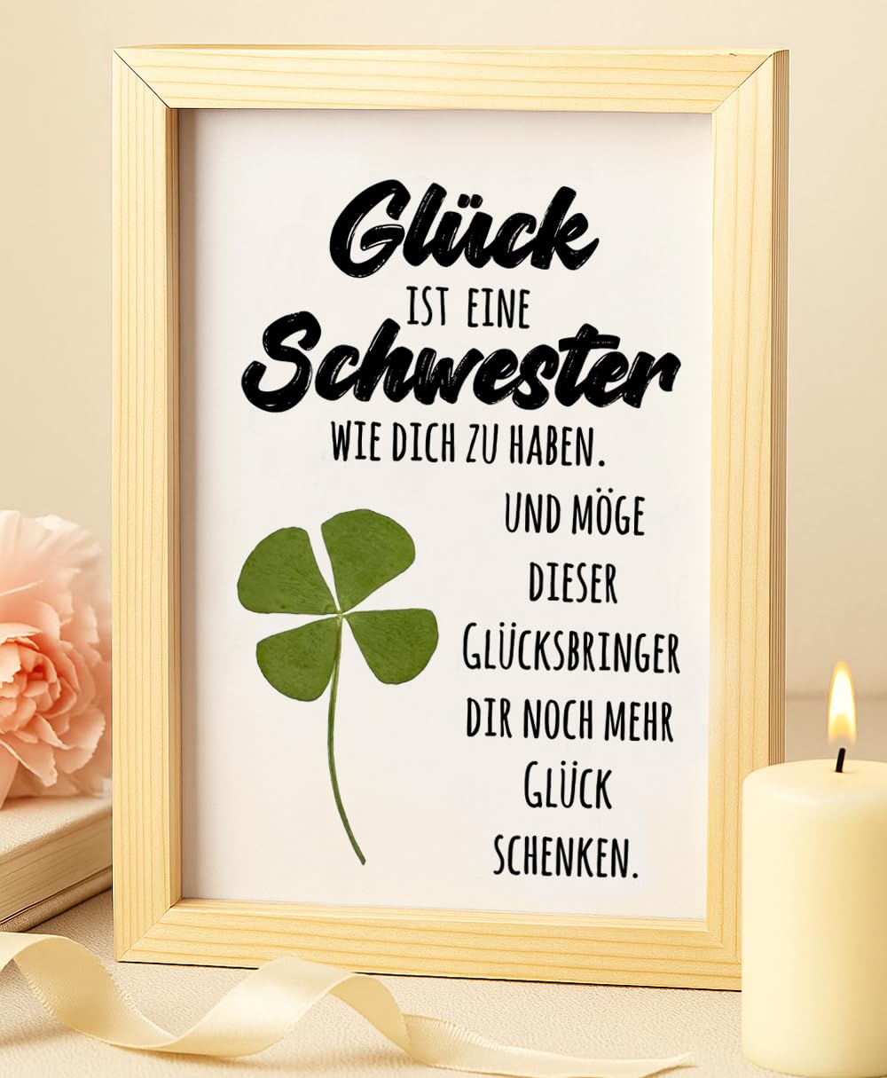 Glücksbringer Geschenk für Schwester – Handgemachtes Echtes vierblättriges Kleeblatt im Glasrahmen mit Spruch – Persönliches Deko-Geschenk für beste Freundin zum Geburtstag, Abschied oder Dankeschön