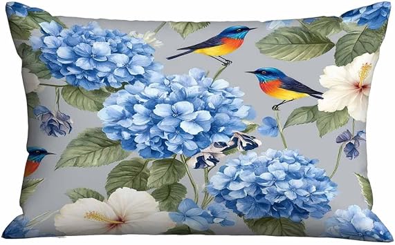 Mugod Home Decor Pillow Cases Blue Watercolor Hibiscus Flowers Iris and Bird,Cushion Cover Oblong Rectangle for Men Women Boys Girls for Sofa Bedroom Livingroom 20x30 Inches