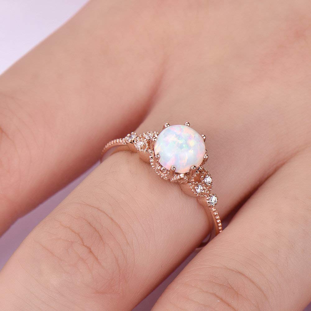 SUKKCCNO Rose Gold Plated 925 Sterling Silver Moonstone Ring Fire Opal Diamond Ring Transparent Elegant Moonstone Luxury Engagement Cocktail Party Wedding Band Rings for Women (9)