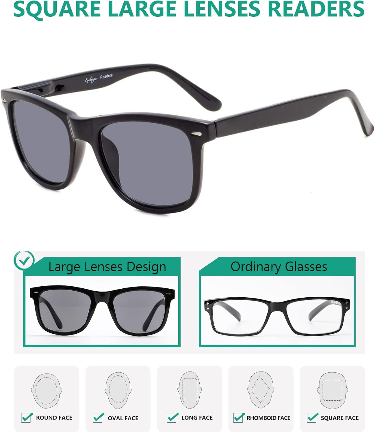 Eyekepper Sunshine Readers Square Large Lenses Spring-Hinges Reading Sunglasses Women +4.00