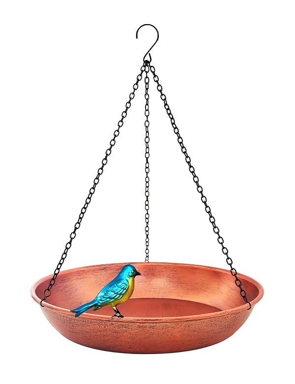 Hanging Bird Bath for Outdoor, 11 Inch Dia Antique Copper Metal Bird Feeder Birdbath Bowl Mounted Black Chain Metal Yard Art Garden Decor 0.5 Gallon by Keygift - Used condition - US$17.09