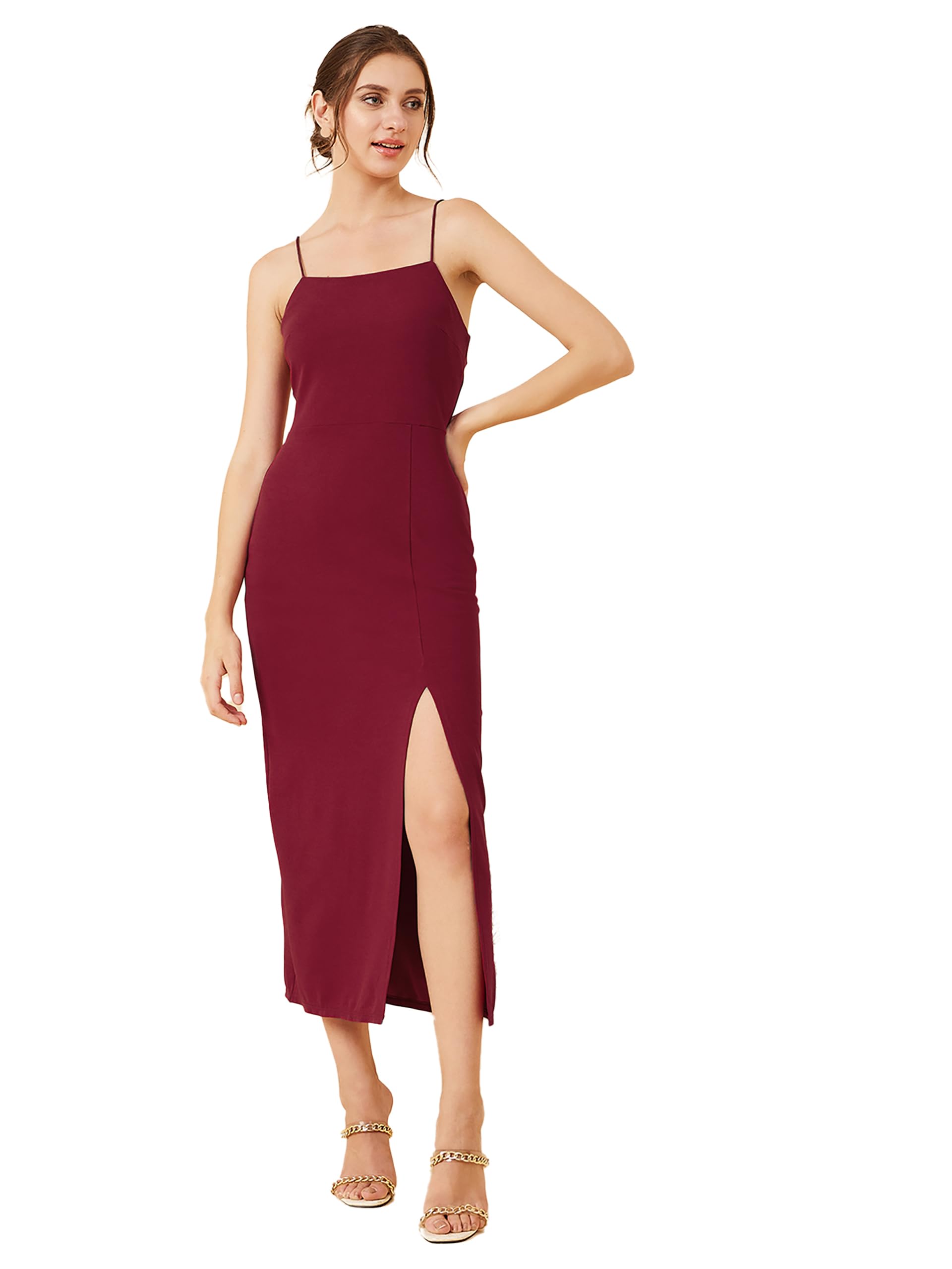 Rare Women's Spandex A-Line Midi Casual Dress (Ep8006B_Maroon_M)