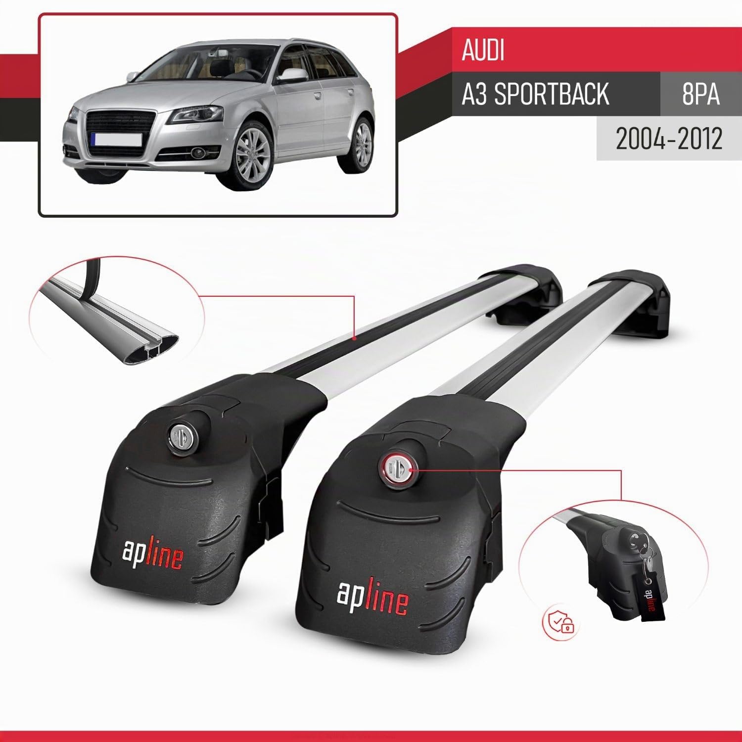 Compatibile con Audi A3 (8PA) Sportback 2004-2012 Modello ACE-2 Barre Tetto Portapacchi Auto Barre Portatutto Grigio Alluminio 2 Barre