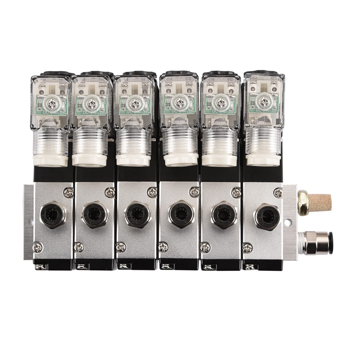 Heschen Válvula solenoide neumática eléctrica de 6, 3V210-08, DC24V, PT1/4, 3/2 vías, conjunto de accesorios rápidos de silenciador base colector
