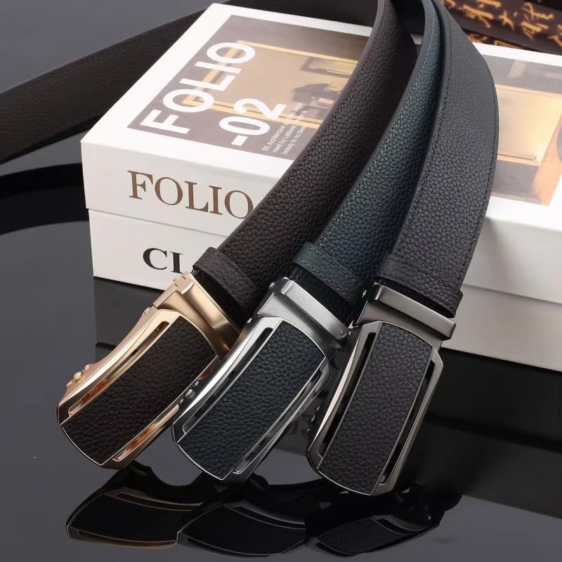 Correas de cintura para hombre de piel de vaca auténtica de estilo empresarial con hebilla automática, piel de vacuno auténtica, 3,4 cm de ancho, cinturones marrones